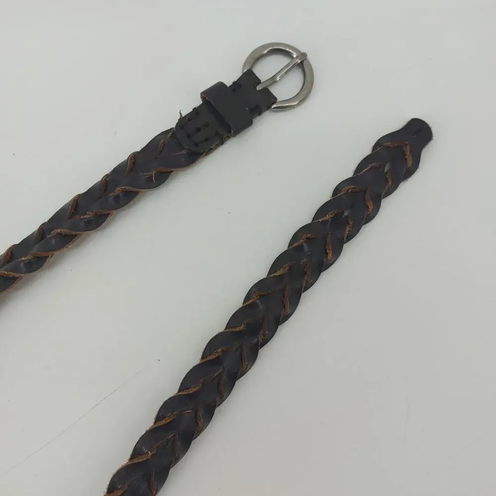Brown Womens Sz M/L Leather Belt Braided Silver Tone Buckle
